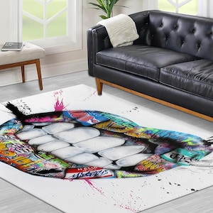 Lips Graffiti Rugs, Modern Rugs, Teeth Rug, Abstract Rug, Bathroom Rug, Salon Decor Rug, Anti-Slip Carpet, Entryway Rug, Front Door Rug,