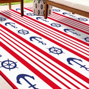 Nautical Pattern Rugs, Boy Room Rugs, Red Rug, Kids Room Rug, Outdoor Rug, Small Rug, Nursery Rug, Thin Rug, Blue Rug, Sea Concept Rug,