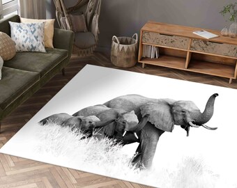 Elephant Family Rug, Modern Rug, Man Cave Rugs, Animal Rugs, Corridor Rug, Indoor Rug, Salon Decor Rug, Customs Rug, Gift For The Home,