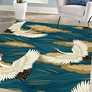 Living Room Rug, Home Decor Rug, Area Rug, Gift For The Home, Japanese Crane Birds Rugs, Japanese Rugs, Animal Rugs, Thick Rug, Crane Rug,