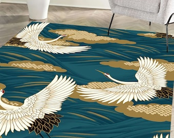 Living Room Rug, Home Decor Rug, Area Rug, Gift For The Home, Japanese Crane Birds Rugs, Japanese Rugs, Animal Rugs, Thick Rug, Crane Rug,