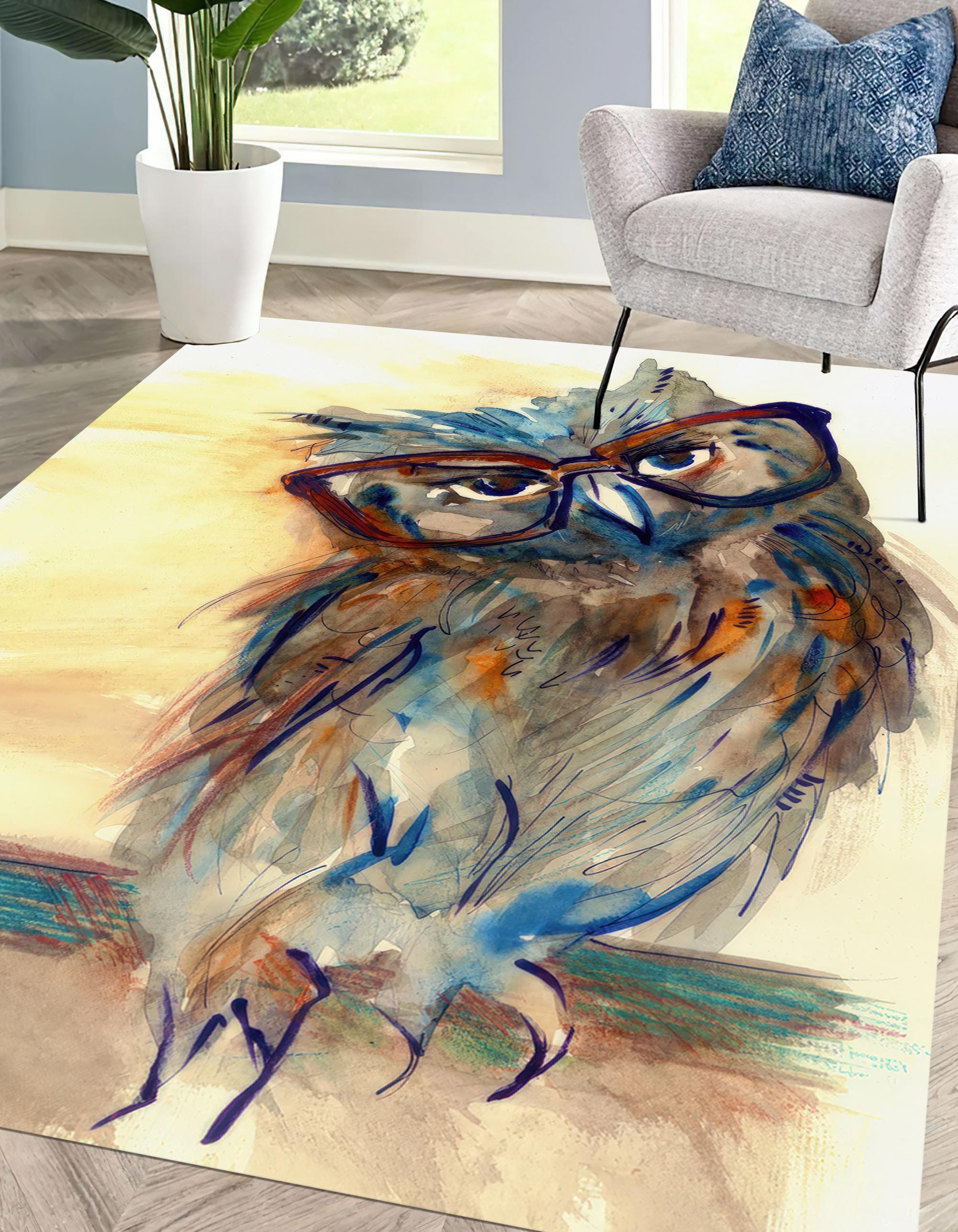 Wise Owl Rug, Modern Rug, Owl Rugs, Animal Rugs, Gift For Him, Chenille Rug, Classic Rug, Gift For H