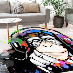 Banksy Monkey Rug, Thick Rug, Housewarming Gift, Thinking Monkey Rugs, Dj Monkey Rugs, Animal Rug, Nursery Rug, Non Slip Rug, Graffiti Rug,