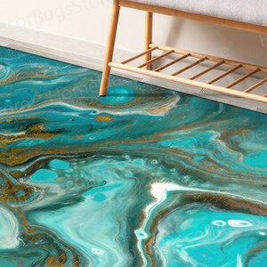 Saloon Rug, Entryway Rug, Pattern Rug, Personalized Gifts, Blue And Gold Marble Rug, Contemporary Rug, Marble Rugs, Thick Rug, Bath Rug,