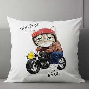 Abstract Animal Pillow, Animal Pillow Case, Abstract Cat Pillow Cover, Cat Riding Motorcycle Cushion Cover, Accent Pillow,