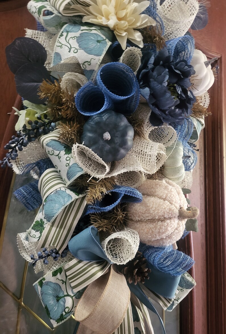 Blue Cream Pumpkin Fall Swag, Farmhouse Front Door Decor - Etsy