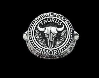 Memento Mori Taurus Biker Ring For Men in Sterling Silver, Extraordinary Gothic Ring, Biker Punk Zodiac Rings, Taurus Pinky Ring For Men