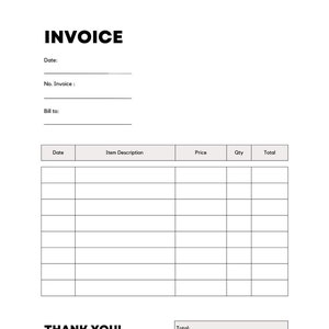 May include: A blank invoice template with fields for date, invoice number, bill to, item description, price, quantity, total, and a thank you message.
