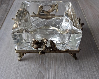 Thick Heavy Vintage Glass Crystal Ashtray on a Gilt Ormolu Base Stand two small chips on the end of 2 of cigarette holder glass. See  pics
