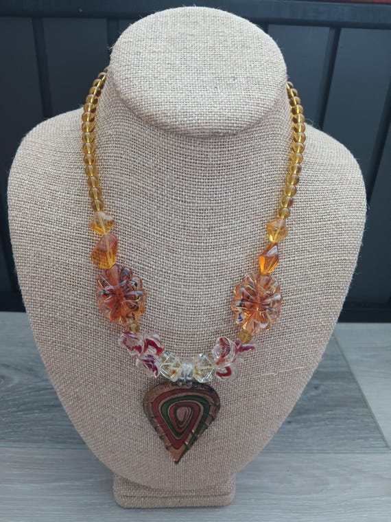 Multi-Colored Leaf Lampworked Glass Necklace w Si… - image 1