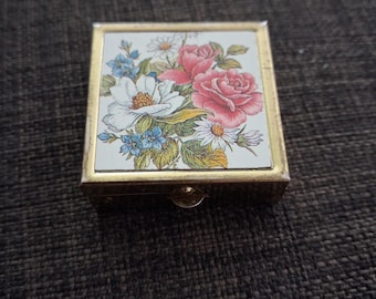 Vintage Flower Applique Gold Toned Hinged Pill Box Floral Case