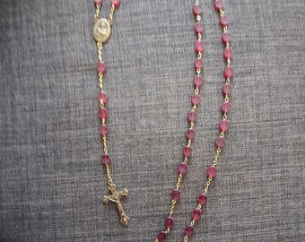 Vintage Catholic Religion Saint Theresa Pray for us Rosary flat red beads gold tone 26"