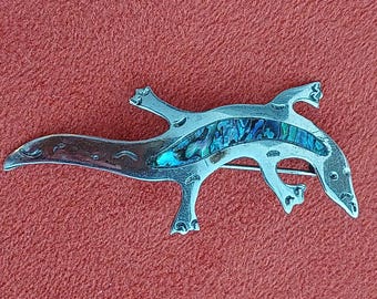 Vintage Alpaca Silver Mexico Lizard Gecko Pin Brooch with Abalone Shell Inlay