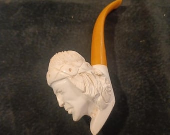 Antique 1930s Turkish Meerschaum Bakelite Tobacco Pipe Carved Head Man 6"