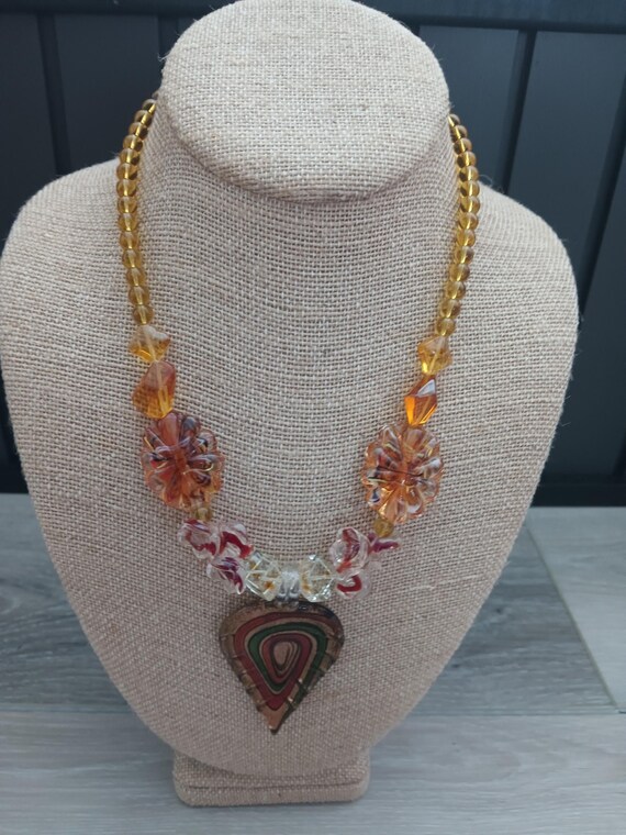Multi-Colored Leaf Lampworked Glass Necklace w Si… - image 2
