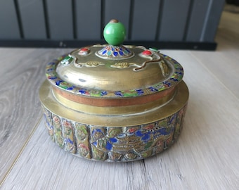 Antique Chinese Brass Enamel Covered Box Floral Chinese Pagoda Design