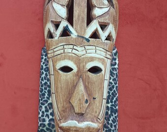 Vintage Carved Wood Mask | Bali Mask | Leopard Print | Hand Carved Wall Art Cultural Decor Indonesia 16"length
