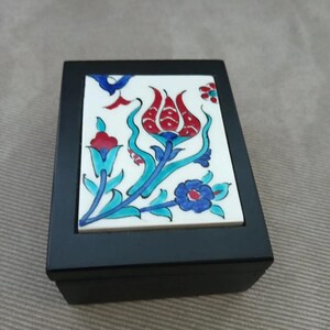 Turkish Tile & Wood Trinket Box Hand Painted Lotus Flower