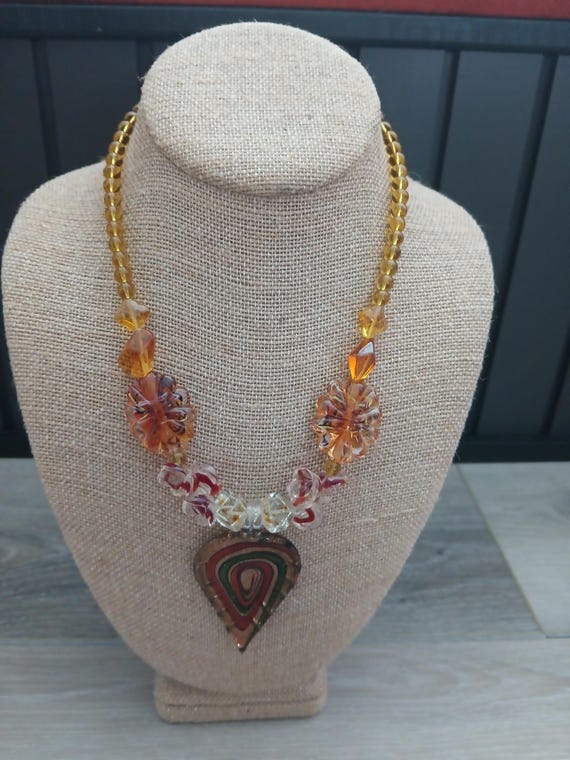 Multi-Colored Leaf Lampworked Glass Necklace w Si… - image 5