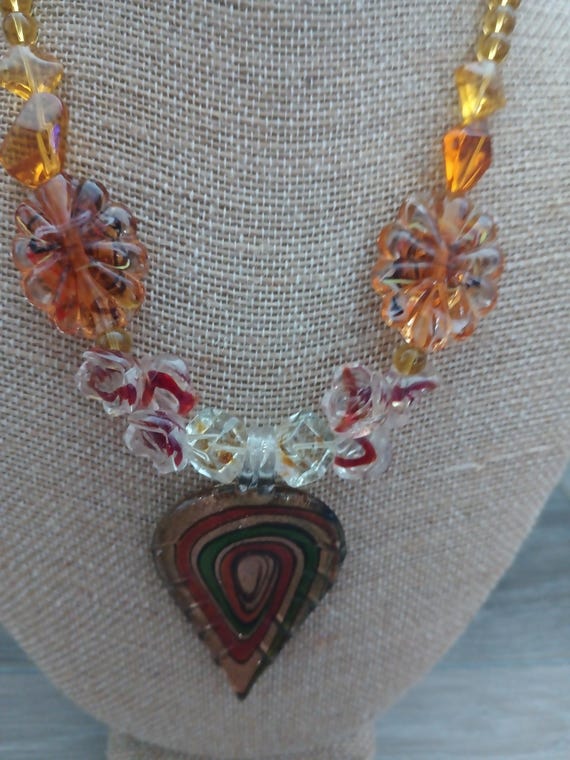 Multi-Colored Leaf Lampworked Glass Necklace w Si… - image 4
