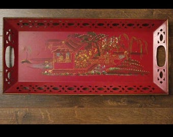 E.T. Nash And Co. N.Y. Hand Painted Pierced Metal Serving Tray With Asian Design
