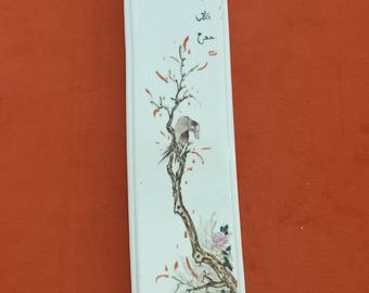 Vintage Asian Table weight for reading scrolls beautifully hand painted with bird and flower design