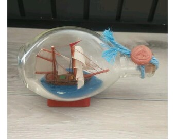 Vintage Miniature Schooner Ship in a Bottle - Nautical Folk Art - 5"Length