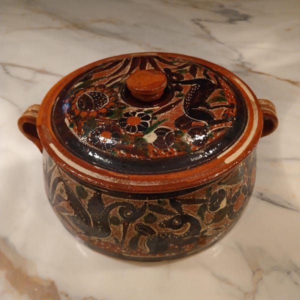 Vintage Tlaquepaque Mexican Redware Bean Pot with Lid Highly decorated hand painted