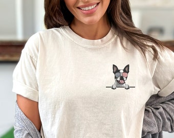 Minimalist Boston Terrier Patriotic Shirt, Black & White Boston Dog Mom Tee, Bostie 4th of July, Dog Dad Crewneck T-Shirt, Dog Mama Gift