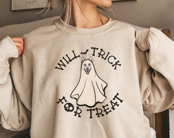 Siberian Husky Halloween Ghost Sweatshirt, Trick For Treat Spooky Alaskan Malamute Dog Dad Sweater, Wolf Dog Mom Gift Pullover Jumper
