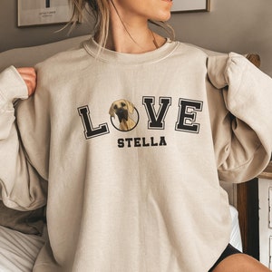 Personalized Great Dane Face Sweatshirt, Dog Mom Custom Collegiate Font Sweater, Dog Name Gift for Dane Mama, Dog Dad Pullover Jumper