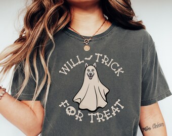 Siberian Husky Halloween Ghost Tshirt, Trick For Treat, Spooky Alaskan Malamute Comfort Colors Pepper Tee, Dog Dad Shirt, Wolf Dog Mom Gift