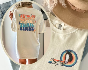 Personalized Horse Trail-Riding Shirt, Custom Retro Rodeo Horse Name Tee, Equine Gifts For Her, Cowgirl Western Shirt, Equestrian Gifts