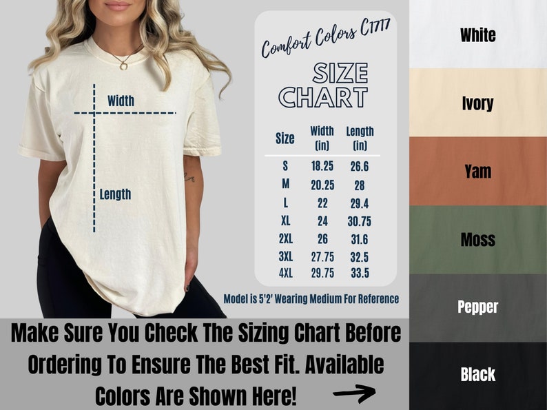 K&ouml;nnte beinhalten: Cremefarbenes T-Shirt mit Gr&ouml;&szlig;entabelle und Farbmustern. Die Gr&ouml;&szlig;entabelle zeigt die Ma&szlig;e in Zoll f&uuml;r Breite und L&auml;nge. Verf&uuml;gbare Farben sind Wei&szlig;, Elfenbein, Yam, Moos, Pfeffer und Schwarz.