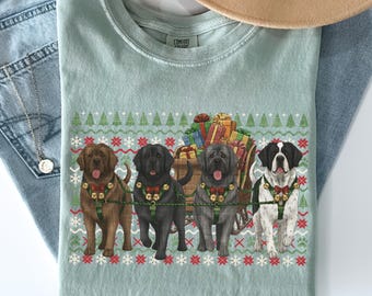 Newfoundland Retro 80s Christmas Sleigh Dog Shirt: Newfie Holiday Tee