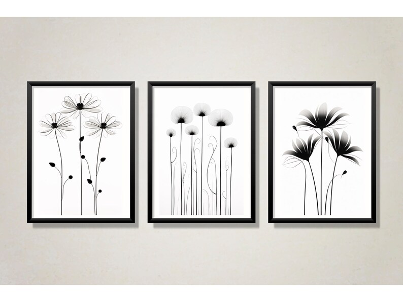 Minimalist Flower Line Art, Wall Art Decor, Set of 3 Prints, Printable ...