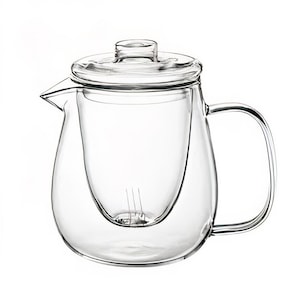 May include: A clear glass teapot with a built-in infuser and a lid. The teapot has a rounded body and a handle.