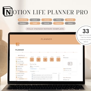 Peut inclure: Un ordinateur portable affichant un modèle de Notion Life Planner Pro. Le modèle est un modèle Notion complet avec 33 pages de fonctionnalités. Le modèle comprend des sections pour la productivité, les loisirs, le style de vie, la forme physique, le personnel, la nutrition, la santé, le journal, les finances et autres. Le modèle est conçu pour aider les utilisateurs à alimenter leur créativité Notion comme jamais auparavant.