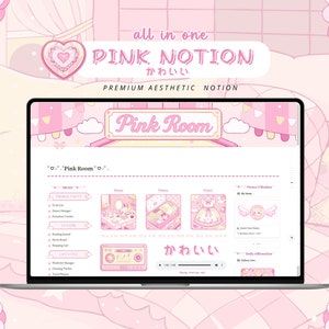 Peut inclure: Un écran d'ordinateur portable affichant un espace de travail Notion sur le thème rose et blanc avec le titre "Pink Room" et le texte "かわいい" (signifiant "mignon" en japonais). L'espace de travail comprend des sections pour la productivité, les loisirs et les informations personnelles.
