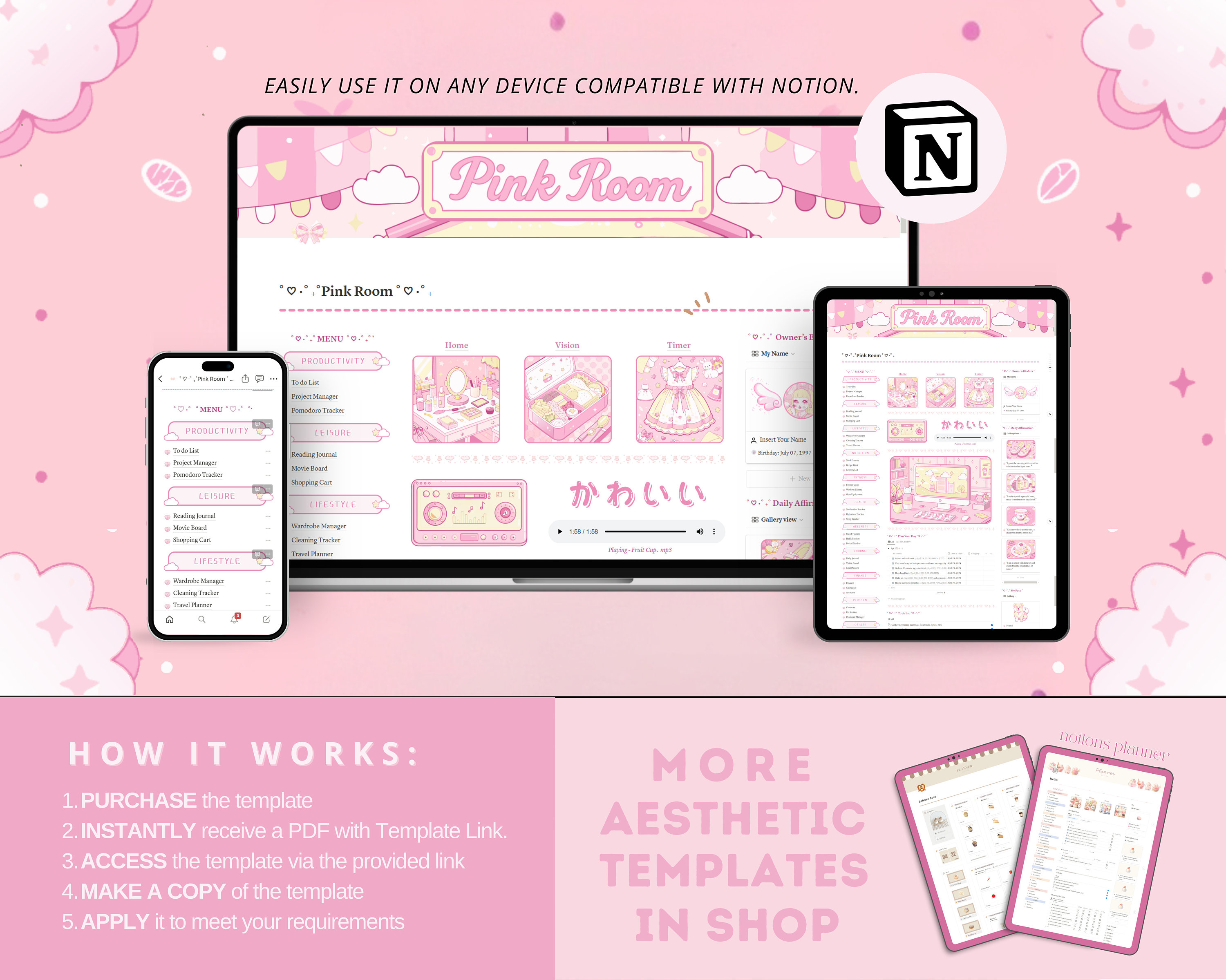 2025 PINK NOTION PLANNER, Aesthetic Cute Notion Template - Etsy