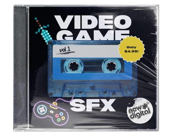 May include: A blue and grey cassette tape with the text "Video Game SFX Vol. 1" and a pixelated sword graphic. The cassette tape is on a black background with a neon green and blue video game controller graphic. The text "Only £4.99!" is on a yellow starburst sticker. The text "New*Digital" is on a white sticker with a black star.