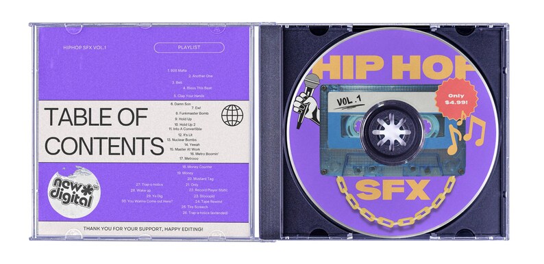 May include: A purple CD case with a table of contents listing for "Hip Hop SFX Vol. 1". The CD features a purple background with a cassette tape, a microphone, and a chain link design. The text "Hip Hop SFX Vol. 1" is in yellow and the text "Only &pound;4.99" is in red.