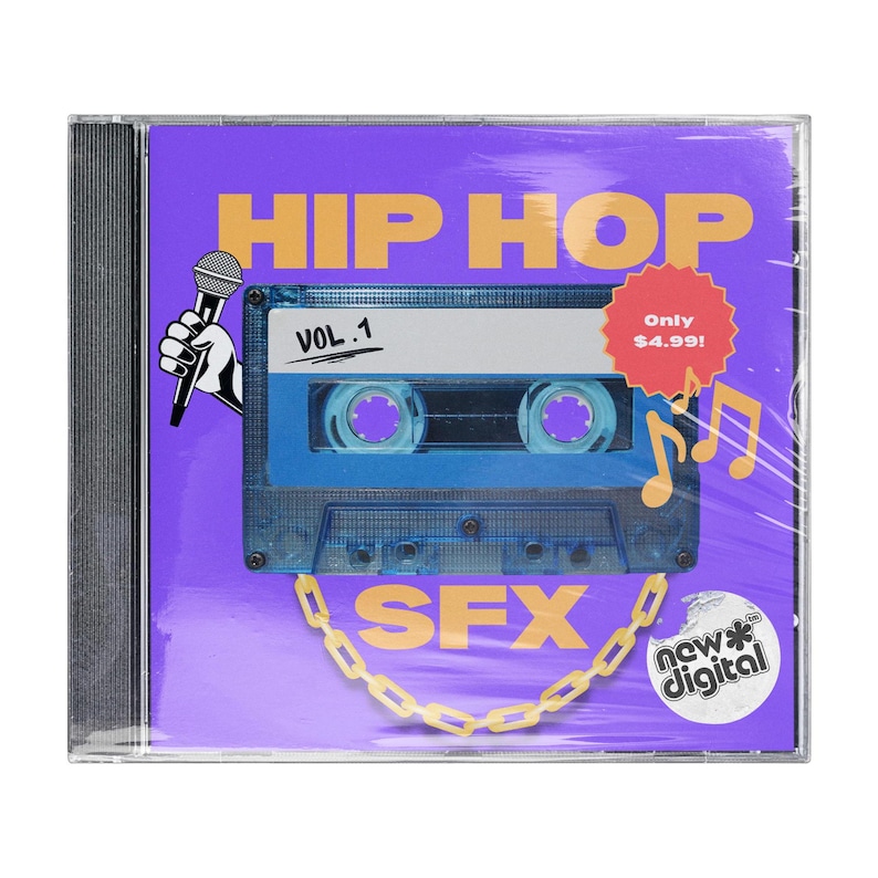 May include: A purple CD case featuring a cassette tape design. The cassette tape is blue and has a gold chain around it. The text on the case reads "HIP HOP SFX VOL. 1" and "new* digital".