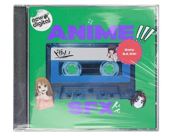 May include: A green CD case with a blue cassette tape design. The case has the text "Anime!!" in purple letters and "SFX" in purple letters. The case also has a red circle with the text "Only £4.99!" in white letters. The case has a sticker with a cartoon girl on it. The case has a sticker with the text "new*digital" in black letters on a white background.