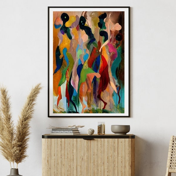 African Dancing Group | Figurative Abstract Painting | Stretched Canvas | Contemporary Colorful Wall Art Painting | Modern Home Decor