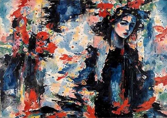 Abstract Woman Canvas Print: Red, Blue, Black Contemporary Art