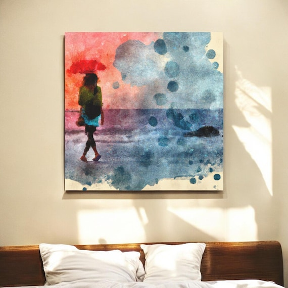 Dreaming Woman walking  on Seascape Watercolor Ocean Painting on Canvas
