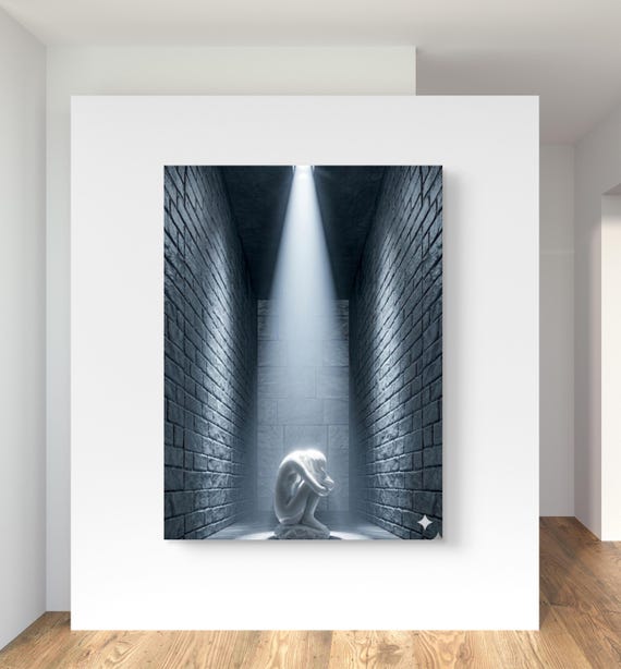 Surrealist minimalist Sculpture Art Print - Contemplative Nude in a Modern Stone Hallway -