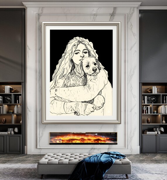 Black &white Woman imbrace HER Dog Art Print acrylic femily room figurative  watercolor Painting