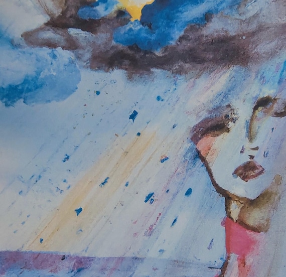 Lady in a  blue rainy day Portrait Emotional wall Art poster home decor painting